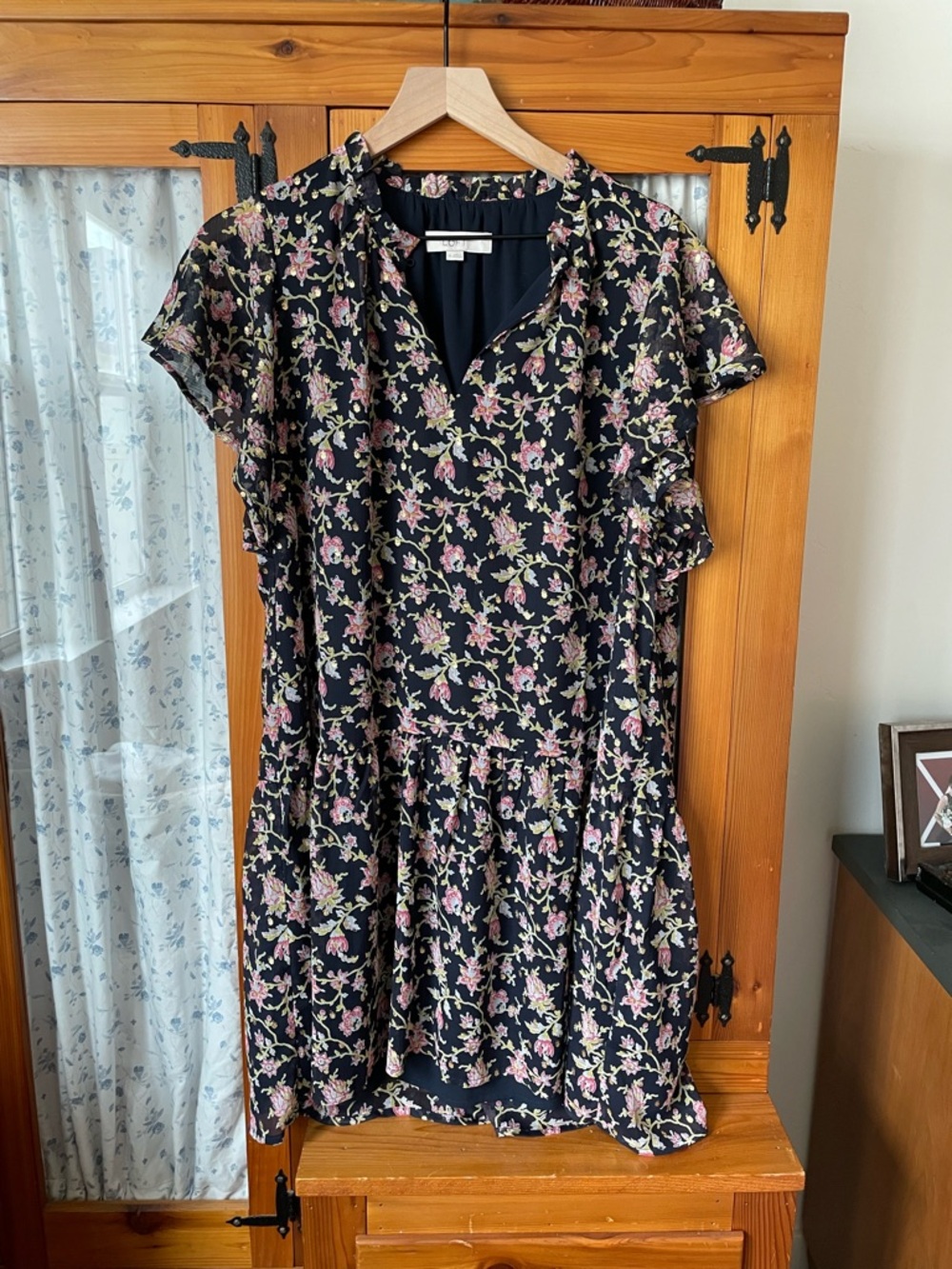 LOFT Black Floral Short-Sleeve Mini Dress with Pink & Green Floral Print